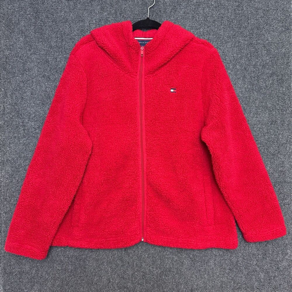 Tommy Hilfiger Sweater XL Red Faux Fur Fleece Full Zip Hooded Cozy Comfort
